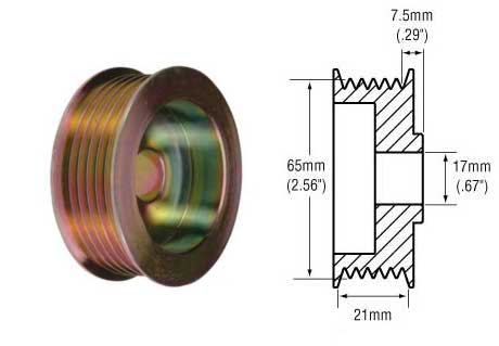 Part # 241286 - 6-Groove Alternator Pulley. Dimensions: 21mm Belt x 65mm OD x 17mm Bore. For: Delco CS130D Series and other Alternators w/ 17mm Shaft
