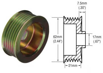 Part # 2481104 - 6-Groove Pulley For Hitachi Type Alternators - 21mm Belt x 62mm Rib OD x 17mm Bore