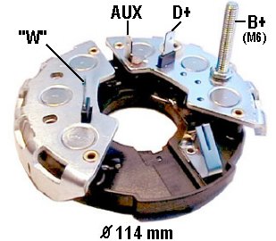 Part # IBR301 Diodes: 6-40 Ampere Diameter OD: 114 mm ���� With M6x33mm Battery Post ���� With W-Terminal ���� With Trio ���� Same as IBR304 but with W-Termin