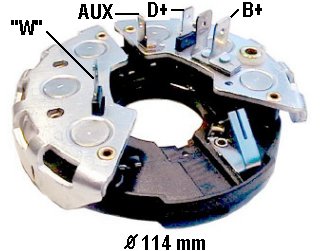 Part # IBR302  Diodes: 6-40 Ampere Diameter OD: 114 mm ���� With W-Terminal ���� With Trio ���� same as IBR303 but with W-Terminal ���� For 65 A Alternators F