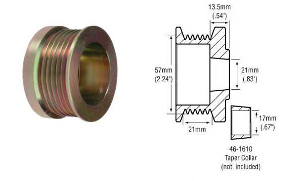 # 241262 - 6-Groove Serpentine Pulley, Delco 17Si, CS144 Series Alternators, 21mm Belt x 57mm Rib OD x 21mm Bore (17mm Shaft) Requires Collar