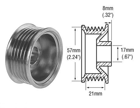 Part # 2412722  - 6-Groove Alternator Pulley. Dimensions: 21mm Belt x 57mm OD x 17mm Bore. Replaces: Delco 10475747