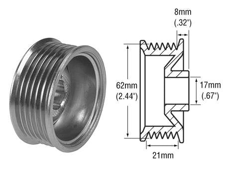 # 2412792 - 6-Groove Alternator Pulley For Delco AD237, CS130D Series and other Alternators Dimensions: 21mm Belt x 62mm OD x 17mm Bore