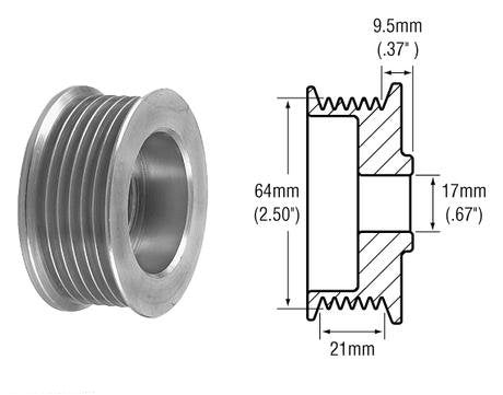 Part # 242256 - 6-Groove Pulley for Ford 1G and 2G Series and other Alternators w/ 17mm Shaft. Dimensions: 21mm Belt x 64mm OD x 17mm Bore